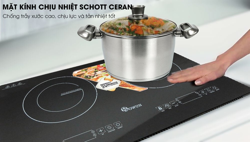 Sowun SW 1219 có bề mặt phẳng được làm từ chất liệu kính Schott Ceran bền bỉ, cao cấp