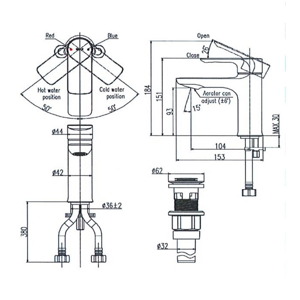 Bản vẽ kỹ thuật vòi chậu INAX nóng lạnh LFV-612S