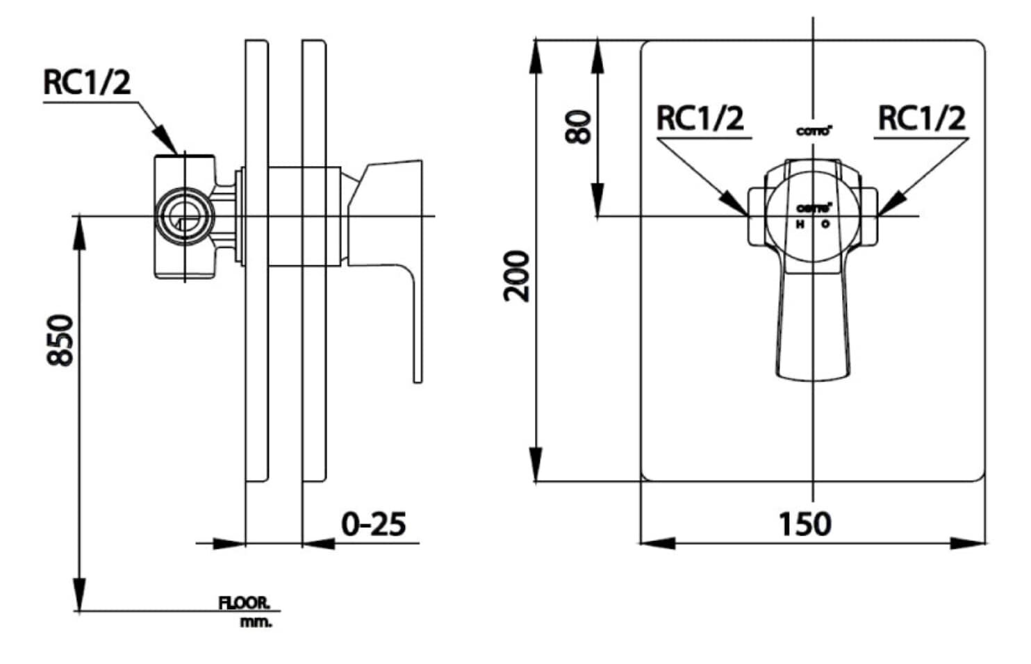Bản vẽ kỹ thuật van điều chỉnh âm tường nóng lạnh COTTO CT2204A 1 đường nước