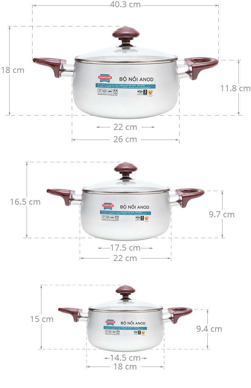 Bộ 3 nồi nhôm anod cao cấp Sunhouse SH8833QT Bộ 3 nồi nhôm anod cao cấp Sunhouse SH8833QT
