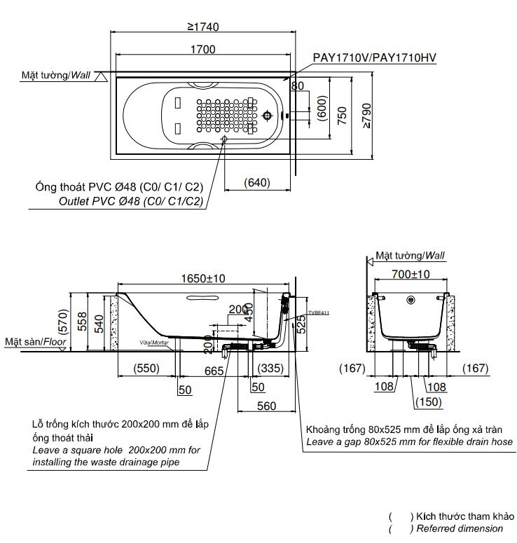 Bản Vẽ Kỹ Thuật Bồn Tắm TOTO PAY1710V-TVBF411