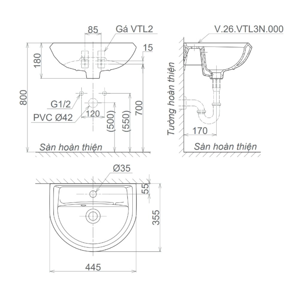 Bản vẽ kỹ thuật chậu rửa lavabo treo tường Viglacera VTL3N