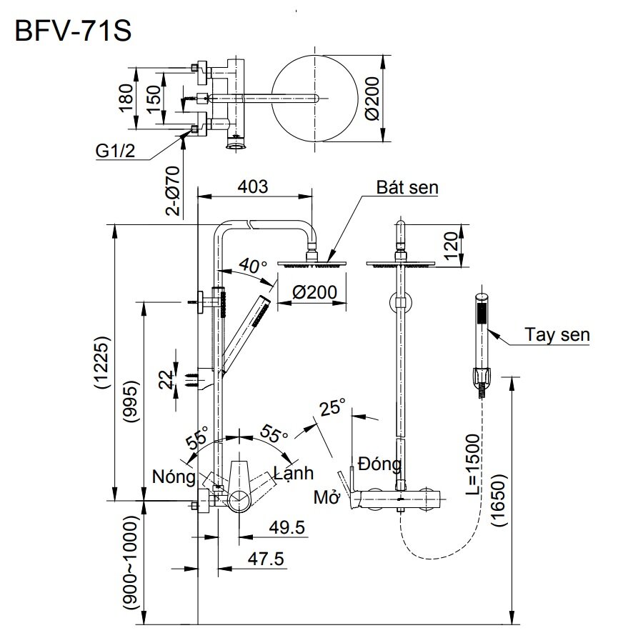 Bản vẽ kỹ thuật của bộ vòi sen tắm đứng nóng lạnh INAX BFV-71S