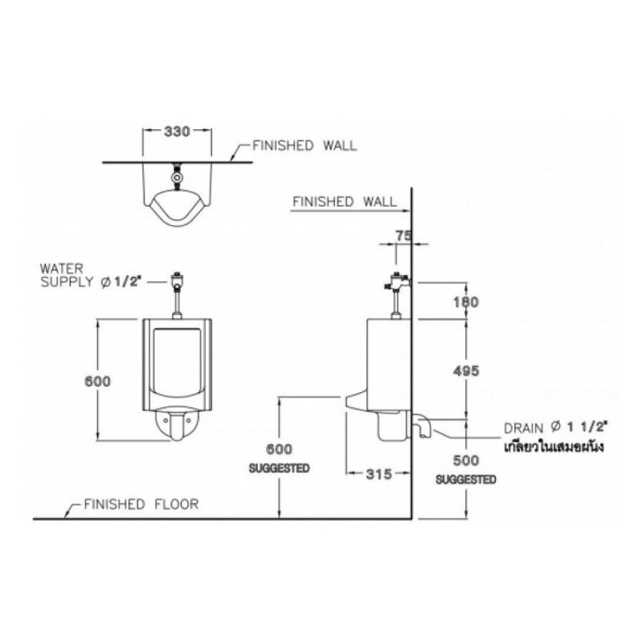 Bản vẽ kỹ thuật bồn tiểu nam COTTO treo tường C313