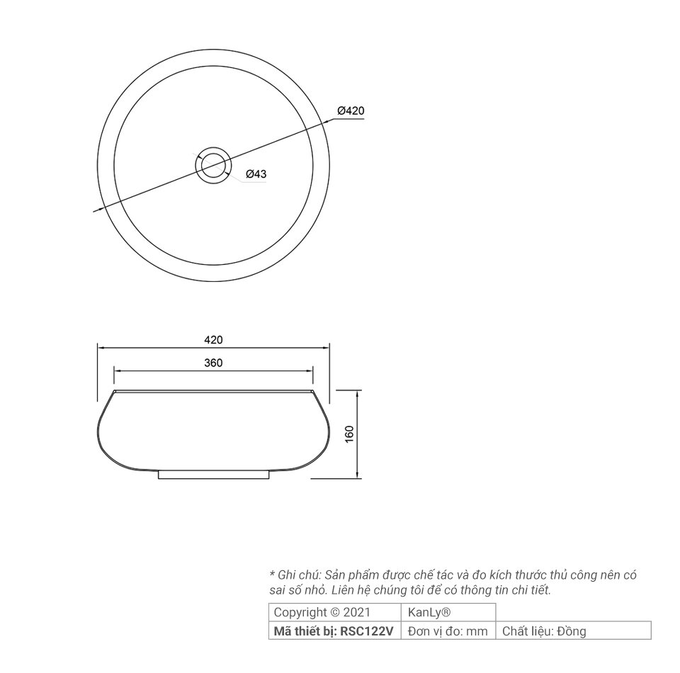 Chậu rửa lavabo bằng đồng Kanly RSC122V / RSC121V bản vẽ