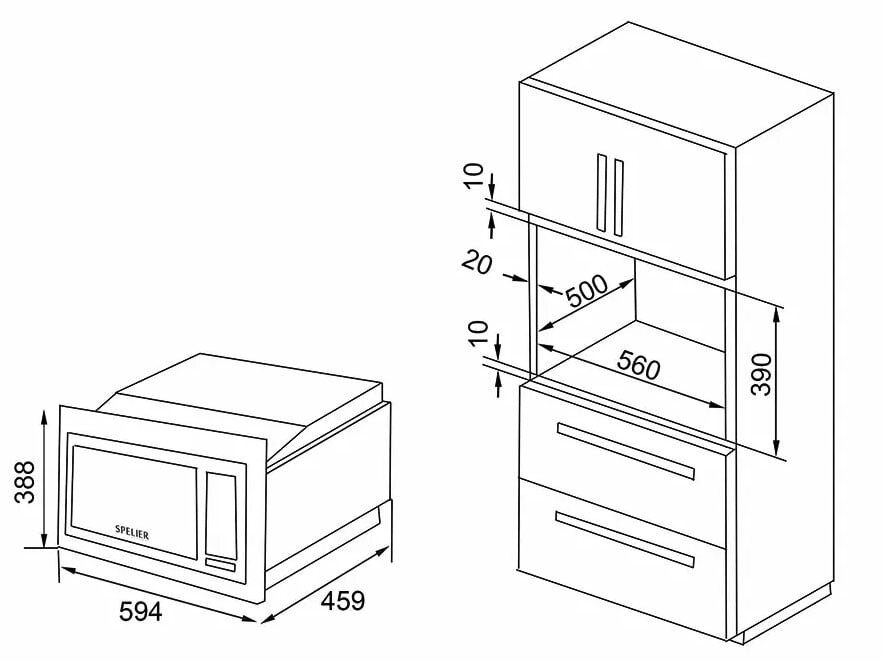 Kích thước lắp đặt lò vi sóng Spelier SP-8213EU