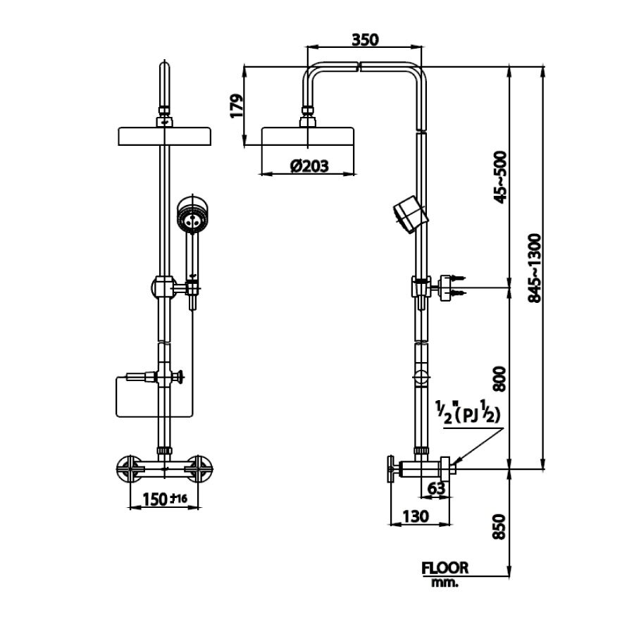Bản vẽ kỹ thuật bộ sen tắm đứng nóng lạnh COTTO CT276C16WS
