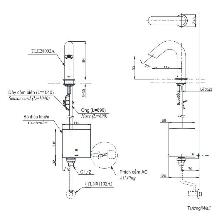 Bản vẽ kích thước vòi TOTO TLE28002A-TLE03502A1-TLN01102A 220V