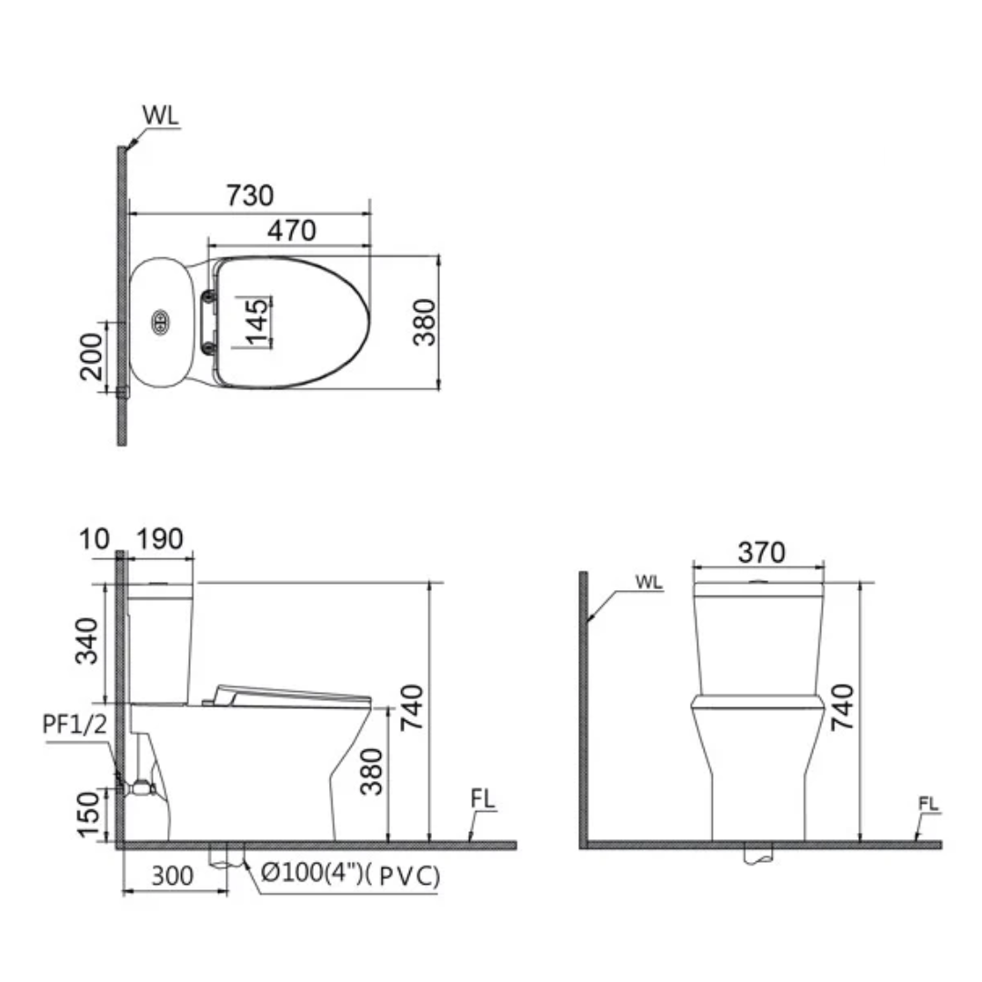 Bản vẽ kỹ thuật bồn cầu 2 khối CAESAR nắp rửa cơ CD1320+TAF050
