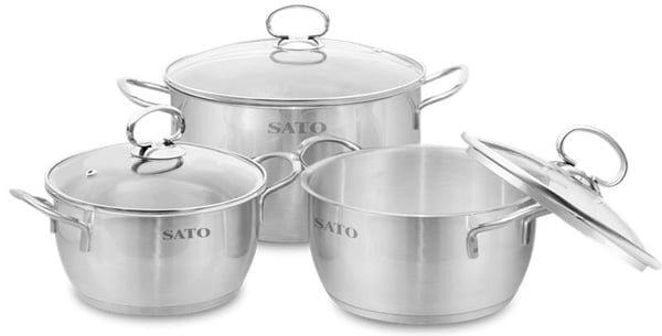 Bộ nồi inox 3 đáy Sato ST-BI323K có vung kính dễ quan sát Bộ nồi inox 3 đáy Sato ST-BI323K