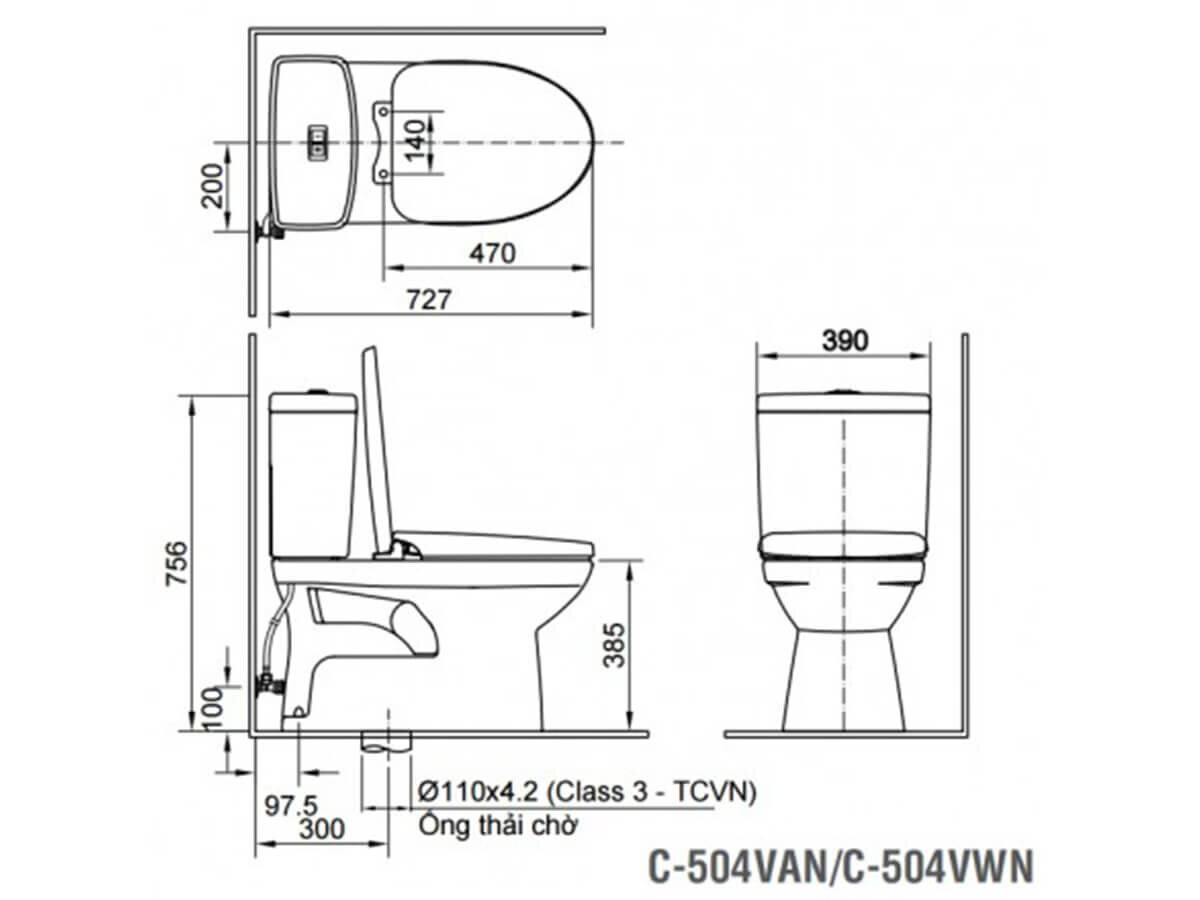 Bản vẽ kỹ thuật bồn cầu INAX 2 khối C-504VAN