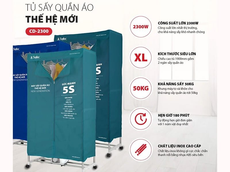 Tủ sấy quần áo Saiko CD-2300 này được trang bị mô tơ thế hệ mới hoạt động với công suất 2.300W giúp sấy nhanh hiệu quả