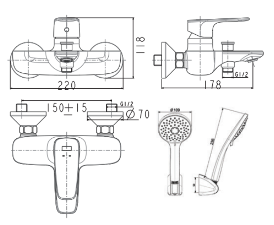 Bản vẽ kỹ thuật sen tắm gắn tường American Standard Acacia WF-1711