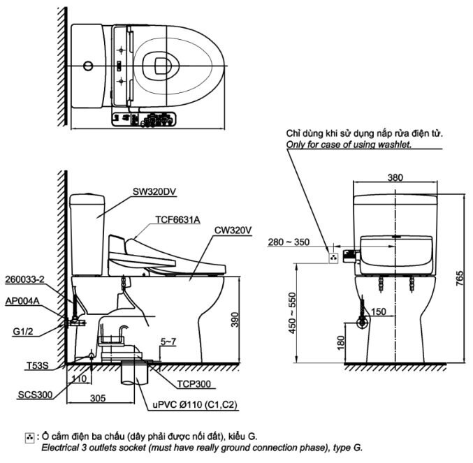 Bản vẽ kỹ thuật bồn cầu C2 TOTO CS320PDRW7 2 khối nắp rửa điện tử