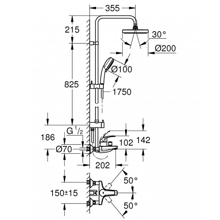 Bản vẽ kỹ thuật bộ sen tắm nóng lạnh New Tempesta Cosmopolian Grohe 26305001