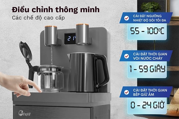 Cây nước nóng lạnh kết hợp bàn pha trà, cafe FujiE TBH1332E có thể điều chỉnh nhiệt độ từ 55 - 100 độ C 