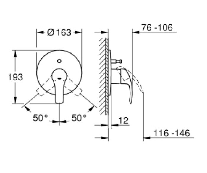 Bản vẽ kỹ thuật van điều chỉnh sen tắm âm tường Eurosmart GROHE 19450002