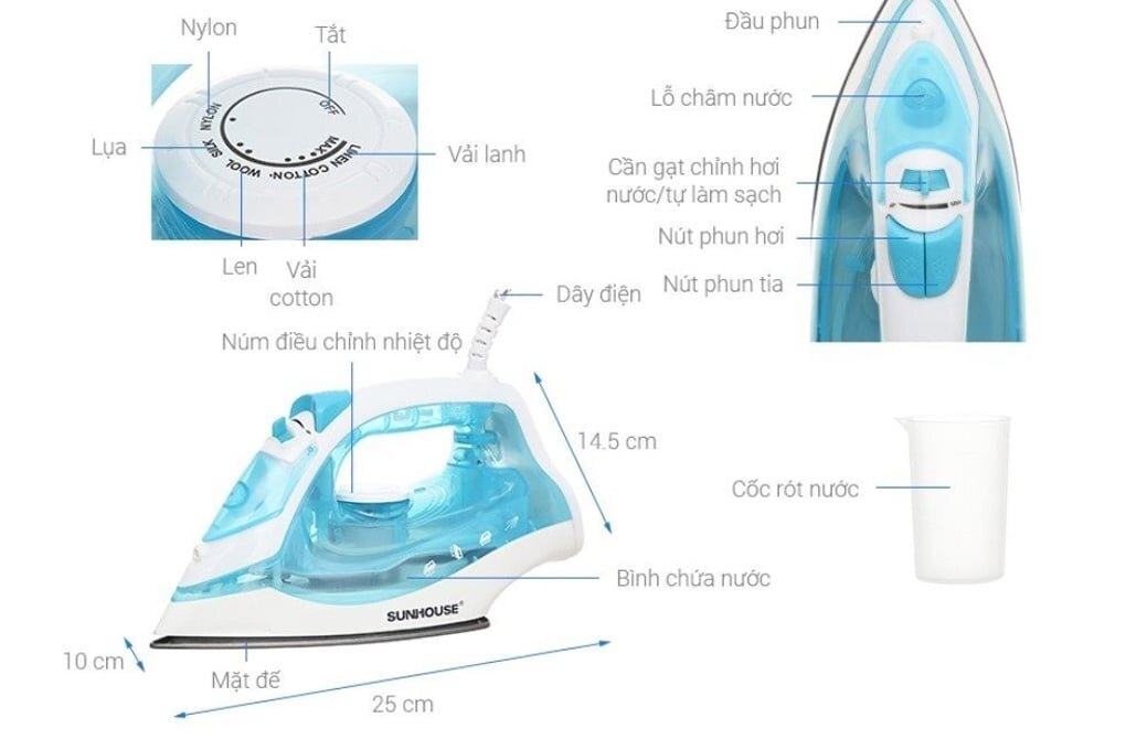 Kích thước bàn ủi hơi nước Sunhouse SHD2065