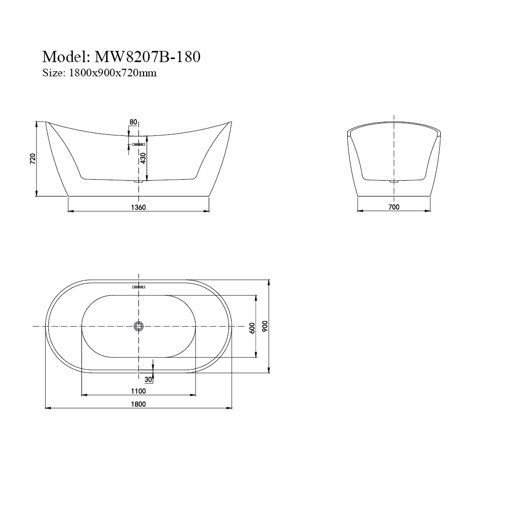Bản Vẽ Kỹ Thuật Bồn Tắm Đặt Sàn MOWOEN MW8207B-180