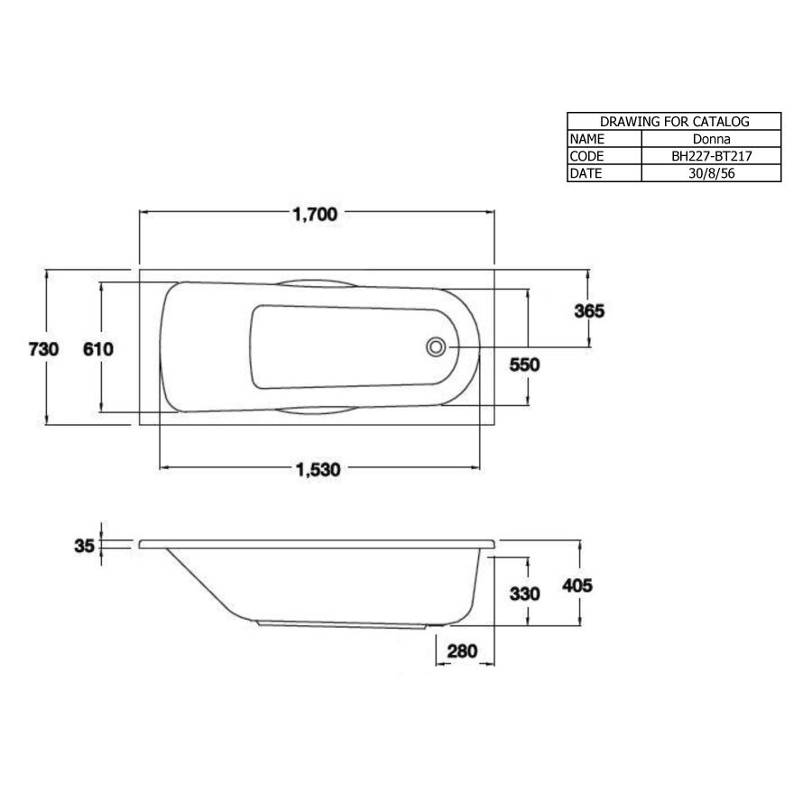 Bản vẽ kỹ thuật bồn tắm COTTO BT217D(H) / BT217PP(H) xây bệ không tay vịn