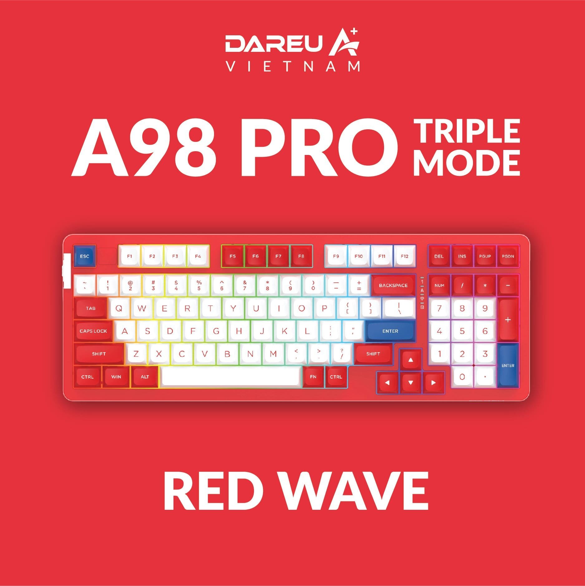Bàn phím cơ Dareu A98 PRO Tri Mode RED WAVE (Dareu Dream Switch, Type C + Bluetooth 5.1 + 2.4G)