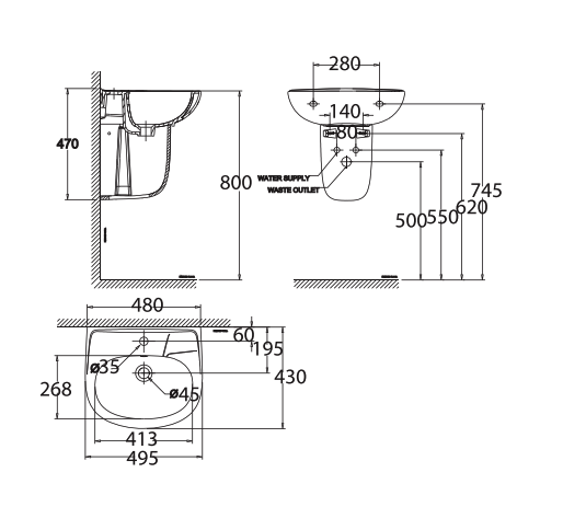 Bản vẽ kỹ thuật chậu rửa mặt lavabo treo tường AMERICAN STANDARD VF-0947 