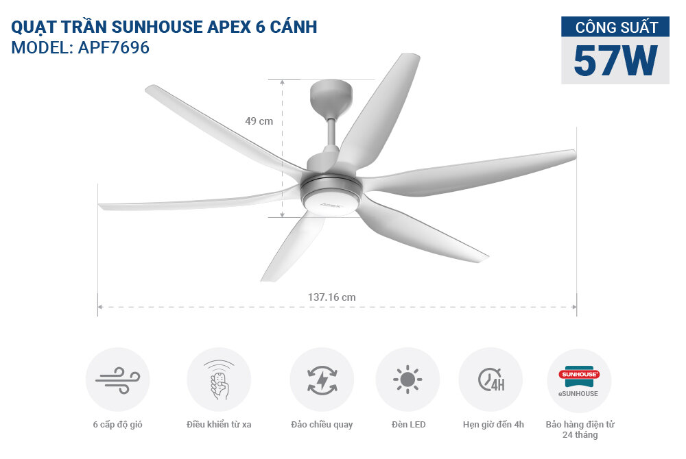 QUẠT TRẦN SUNHOUSE APEX 6 CÁNH APF7696