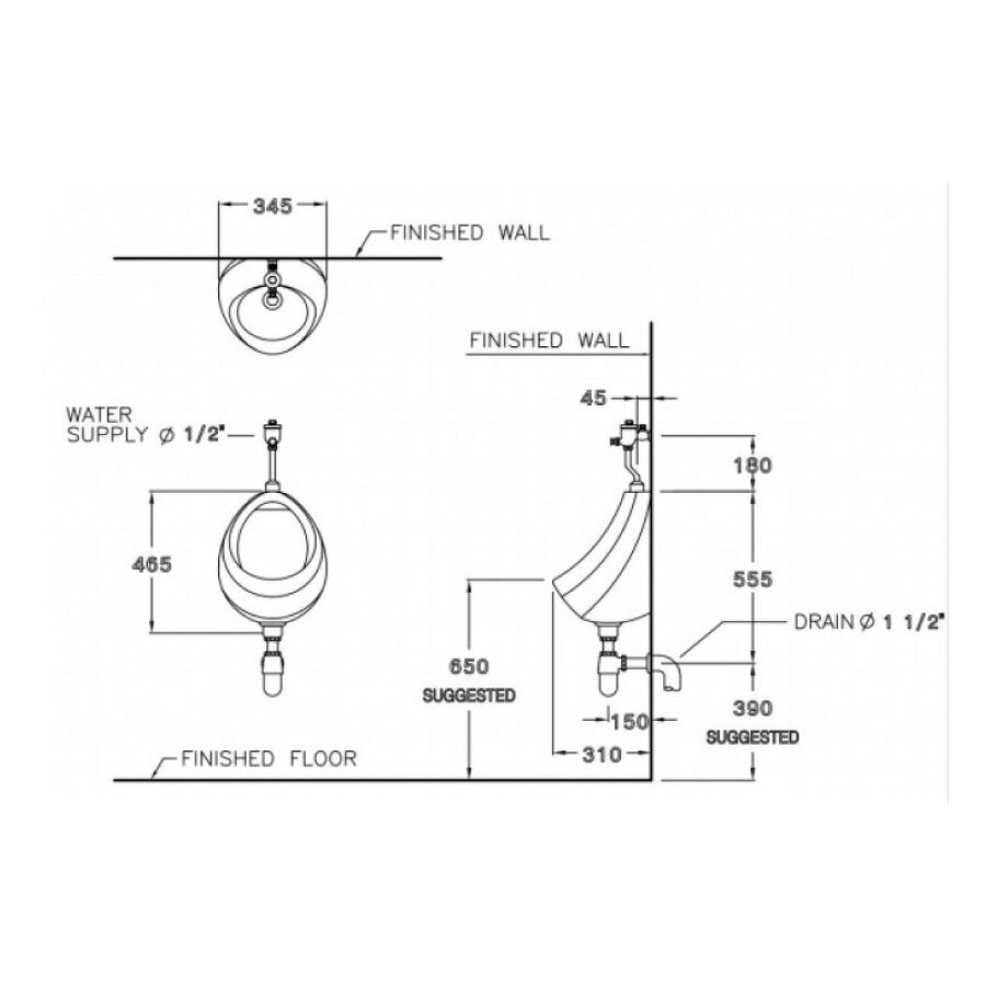 Bản vẽ kỹ thuật bồn tiểu nam COTTO treo tường C307