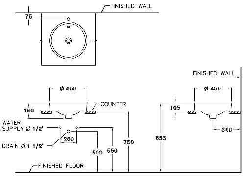 Bản vẽ kỹ thuật chậu rửa mặt lavabo COTTO đặt bàn C00027