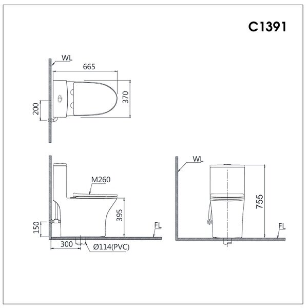 Bản vẽ kỹ thuật của bồn cầu 1 khối nắp êm CAESAR C1391