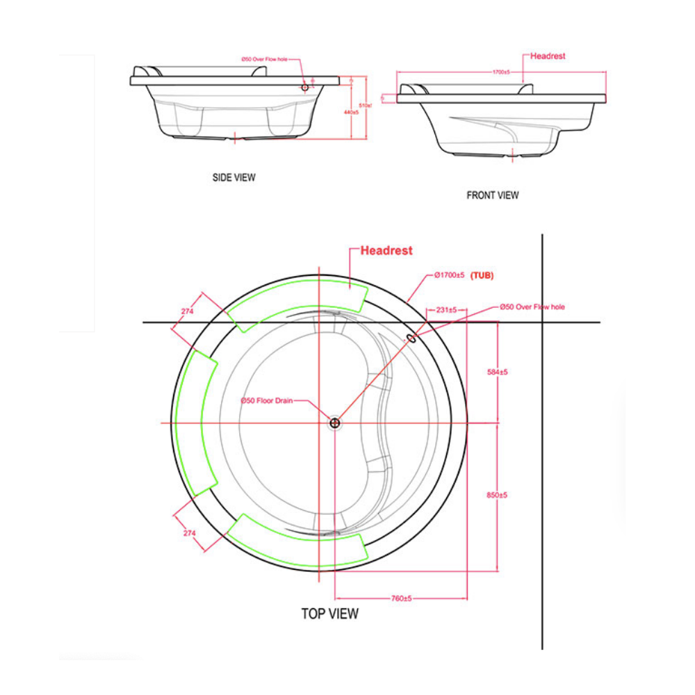 Bản vẽ kỹ thuật bồn tắm đặt sàn IDS 1.7m American Standard 70200-WT