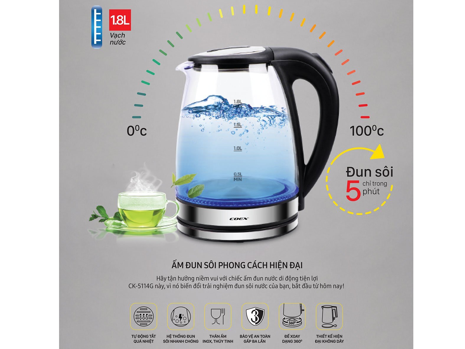 Bình siêu tốc điện đa năng 1.8 lít Coex CK-5114G