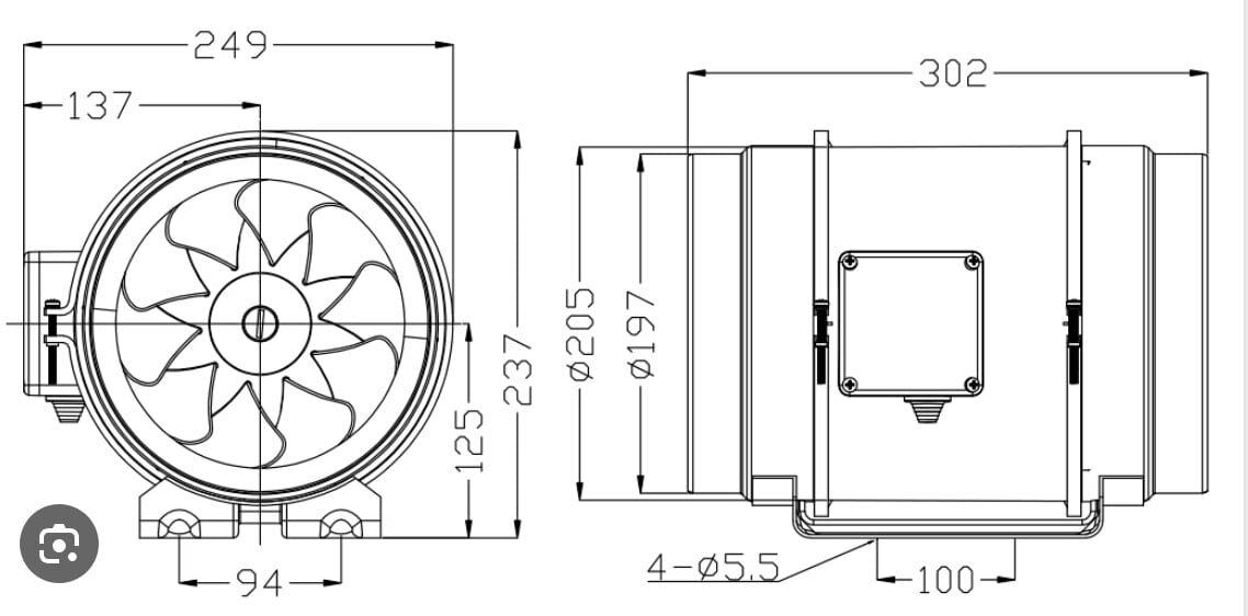 Kích thước lắp đặt của HF-200 Quạt hút nối ống gió công nghiệp HF-200