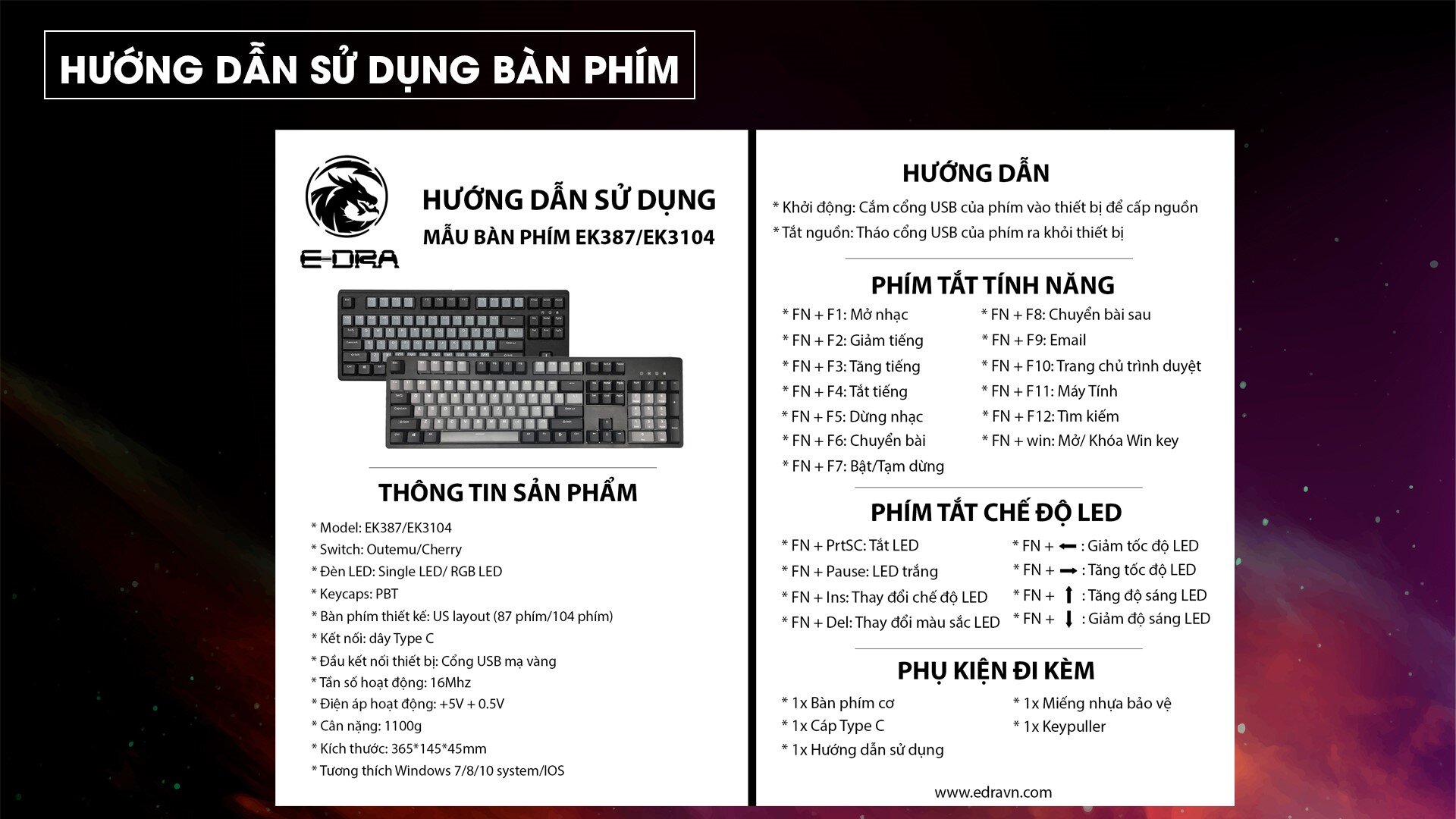 Bàn phím cơ Edra EK3104 White