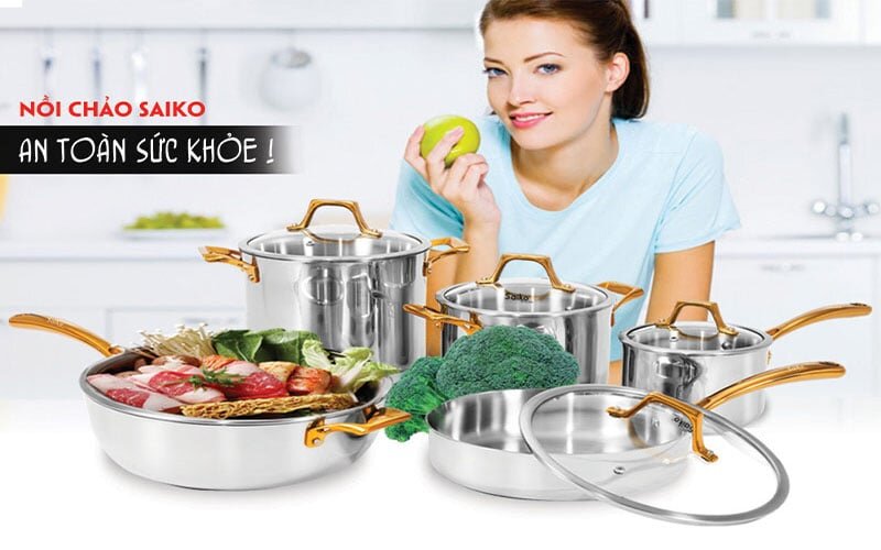 Bộ nồi gồm 3 nồi và 2 chảo inox Saiko GOLD05