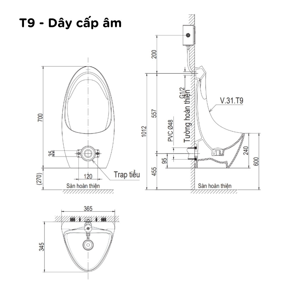 Bản vẽ kỹ thuật bồn tiểu nam treo tường Viglacera T9 cấp âm