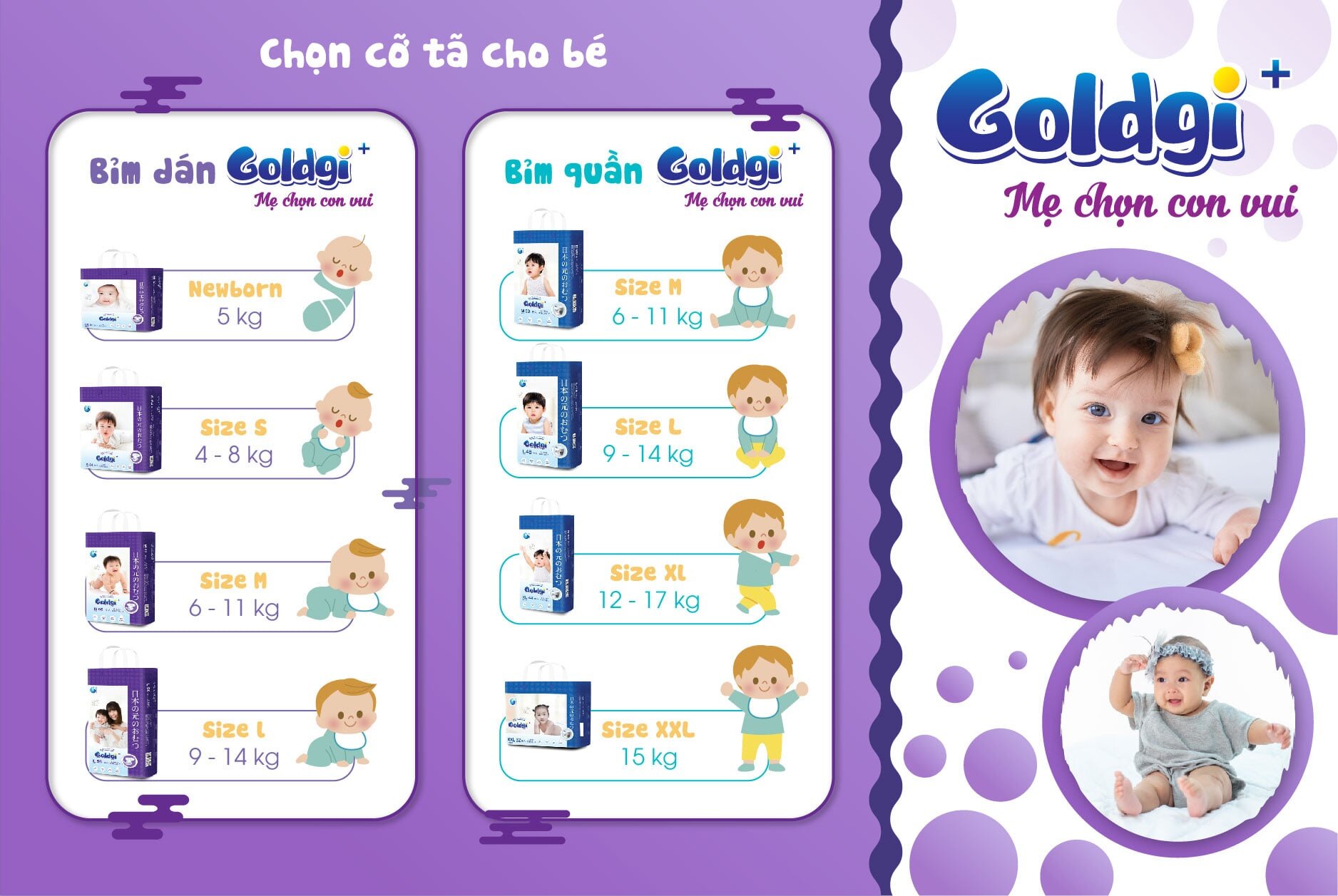 Size bỉm Goldgi+ cho bé