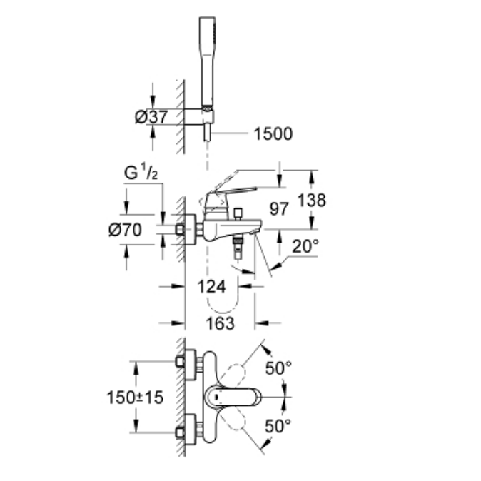 Bản vẽ kỹ thuật sen tắm nóng lạnh Eurosmart Cosmo Grohe 32832000