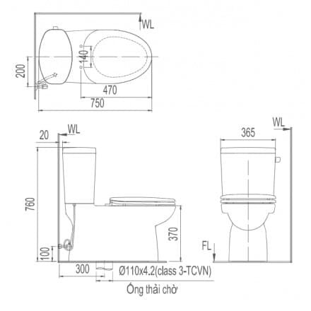 Bản vẽ kỹ thuật bồn cầu INAX AC-710A+CW-S32VN