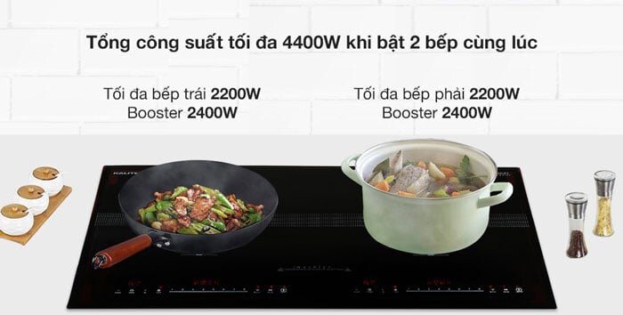 Bếp từ đôi Kalite KL-3900 sở hữu công suất tổng lên tới 4.400W khi 2 bếp hoạt động cùng lúc