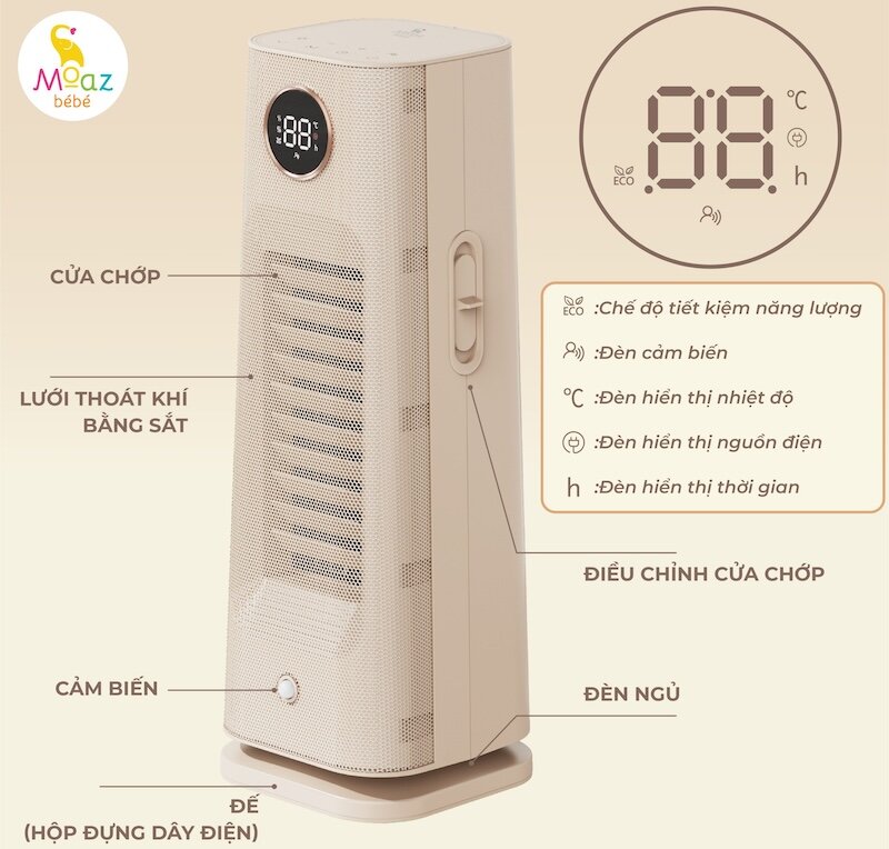Giới thiệu tổng quan về máy sưởi điện đa năng PTC Moaz BéBé MB 077 (Ảnh: moazbebe).