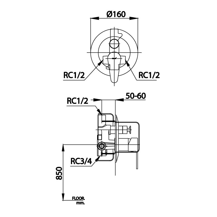 Bản vẽ kỹ thuật van điều chỉnh sen tắm âm tường nóng lạnh COTTO CT3005AE 2 đường nước