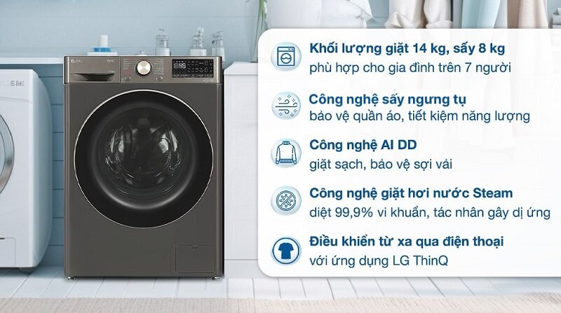 Máy giặt sấy LG Inverter 14 kg sấy 8 kg FV1414H3BA