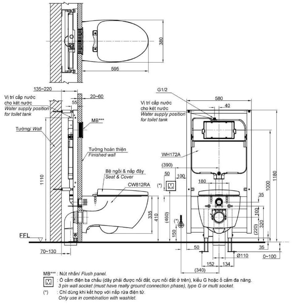 Bản vẽ kỹ thuật xí bệt TOTO CW812RA#W TC811SJ#W WH172A MB176G#WH