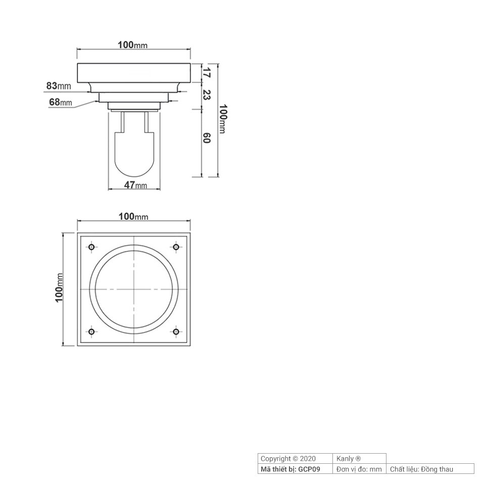 Bản vẽ kỹ thuật phễu thu sàn bằng đồng Kanly GCP09