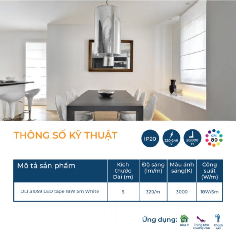 Thông số dây đèn LED DLI 31059 LED tape 3000K 18W 5m