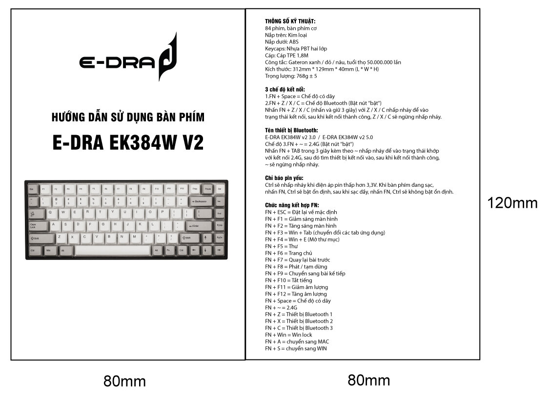 Bàn phím cơ không dây Edra EK384W V2 (USBC/PBT/Bluetooth/3mode)