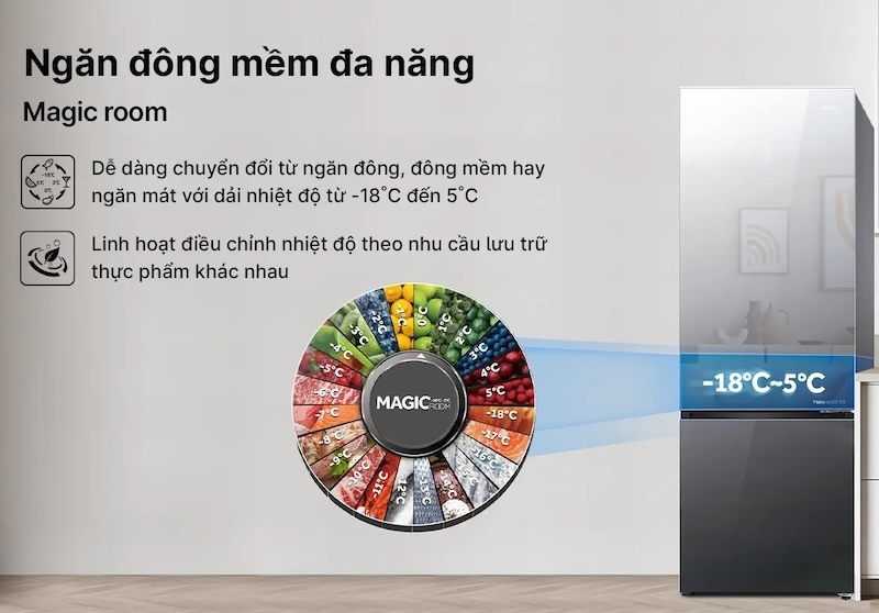 Tủ lạnh Aqua Inverter 292 lít AQR-B350MA(GM) thiết kế ngăn đông mềm đa năng Magic Room (Ảnh: Aqua).
