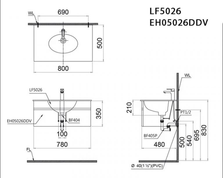Bản vẽ kỹ thuật bộ tủ chậu rửa mặt CAESAR EH05026DDV
