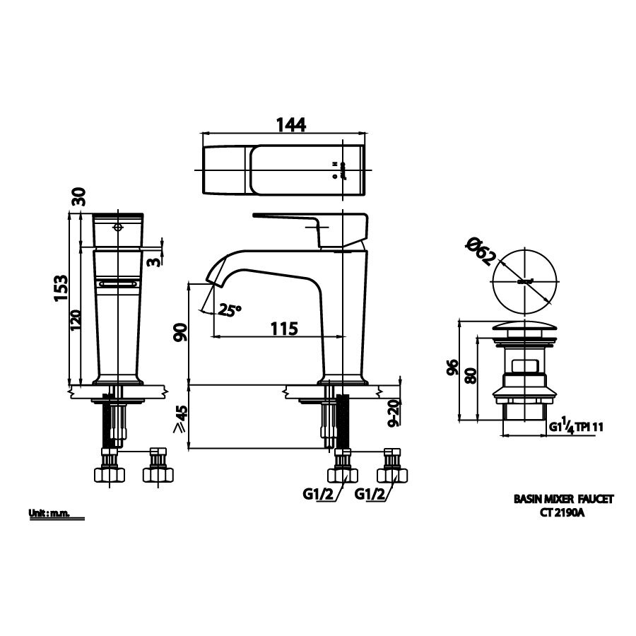 Bản vẽ kỹ thuật vòi chậu lavabo COTTO CT2190A nóng lạnh